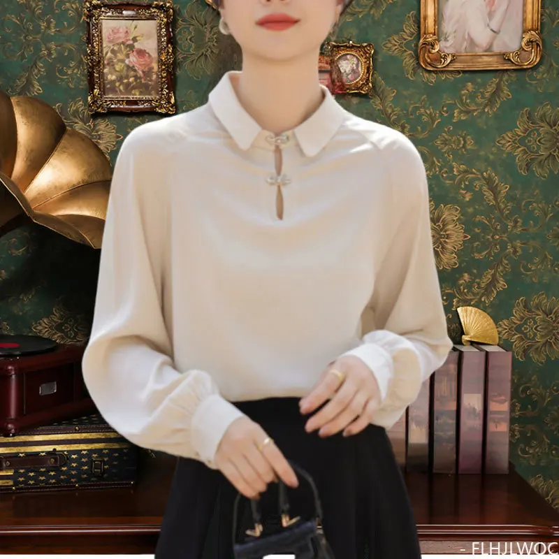 Hot Chinese Style Chi-pao Collar Design Button Tops New Year 2024 Spring Women Date Girls Elegant Retro Shirt Blouse Vintage