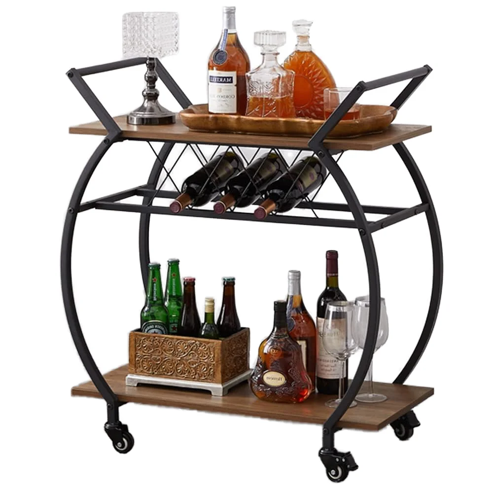 2-Tier Rustic Oak Wine Rack Modern Wood Metal Kitchen Home Utility  Wheels Portable Coffee Table Serving Storage