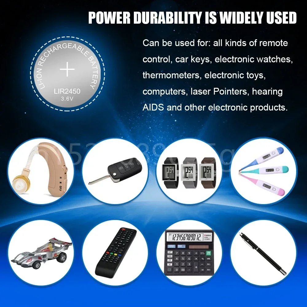 2-Slot Charger + LIR2450 3.6V 120mAh Rechargeable Button Battery Lithium Coin Cell Batteries LIR 2450 Replaces CR2450