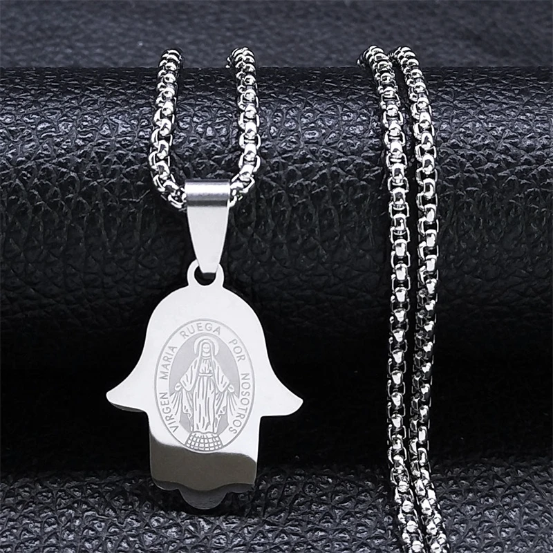 Virgin Mary Fatima Hand Necklace for Women Men Stainless Steel Gold Color Spanish Virgen Maria Ruega por Nosotros Chain Jewelry