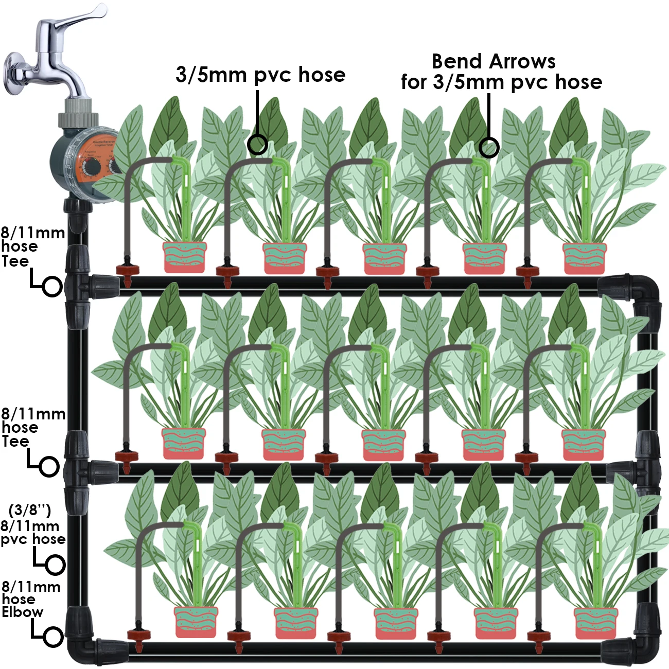 KESLA Serra 2L/H Irrigazione a goccia Kit sistema di risparmio irrigazione da giardino Piega Freccia Gocciolatori Tubo da 3/5mm per piante Bonsai in vaso