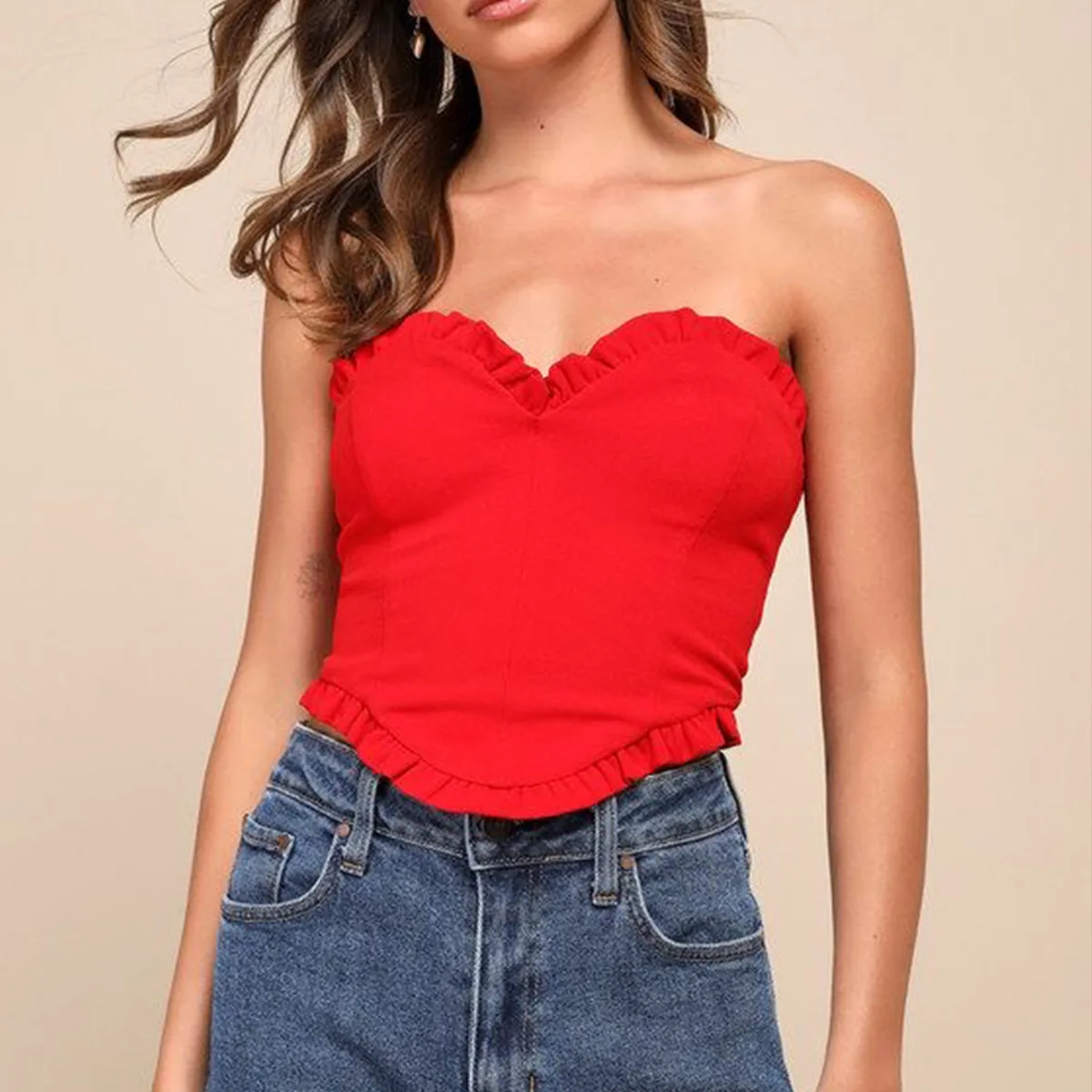 

Ruffled Edge Corset Vest Strapless Shapping Cropped Top Women Fishbone Clubwear Lady Fashion Slim Sleeveless Corsets Tops Summer