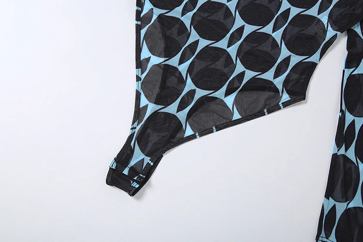 Nibber Midnight Sexy durchsichtiges 2-teiliges Set für Damen, Patchwork-Druck, O-Ausschnitt, volle Ärmel, Body + schmale, hüftumwickelte, lange Hosen-Outfits – Detail 8
