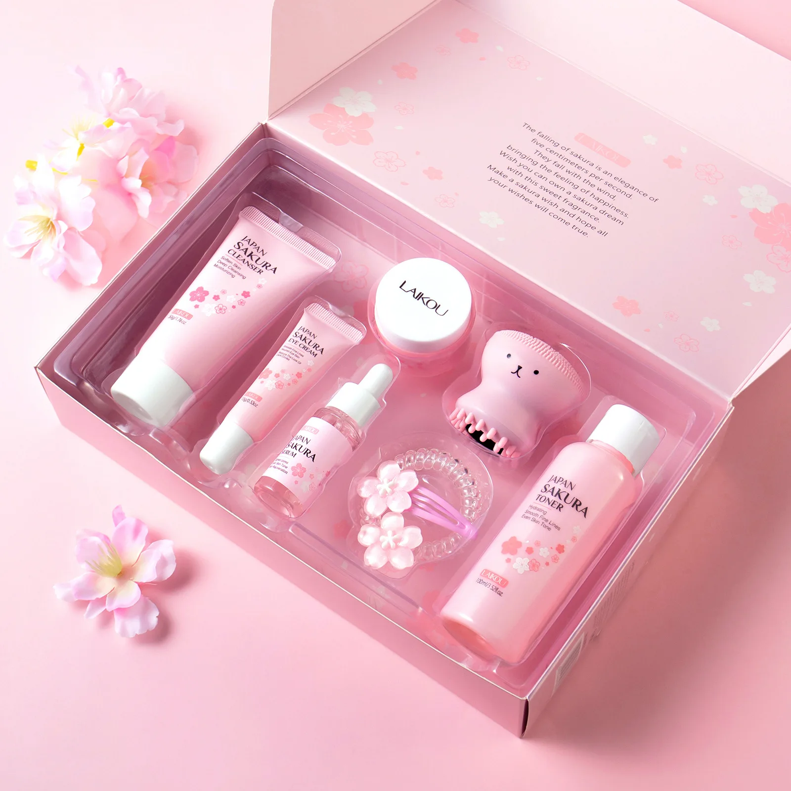 8pcs LAIKOU Sakura Skin Care Gift Box Facial Cleanser Skin Rejuvenating Serum Glowing Moisturizer Boost Radiance Toner Eye Cream