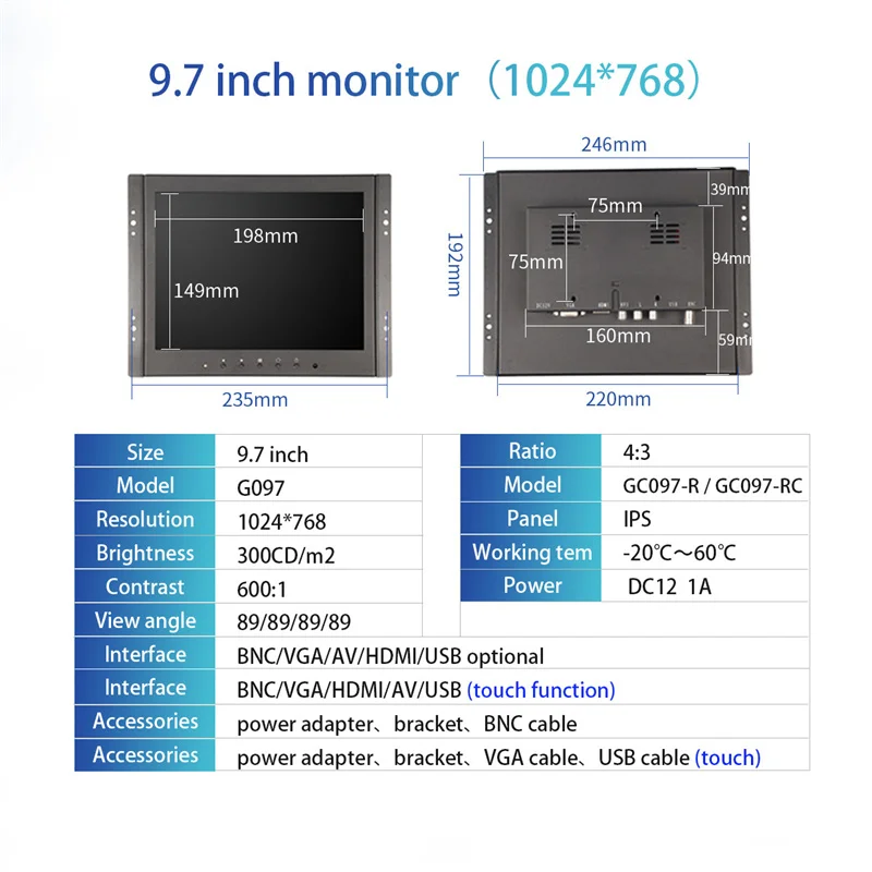 Imagem -06 - Zhixianda-monitor Resistivo Tela Sensível ao Toque Montagem em Painel Industrial Interface Vga Hdmi 1024x768 Ips 9.7 10