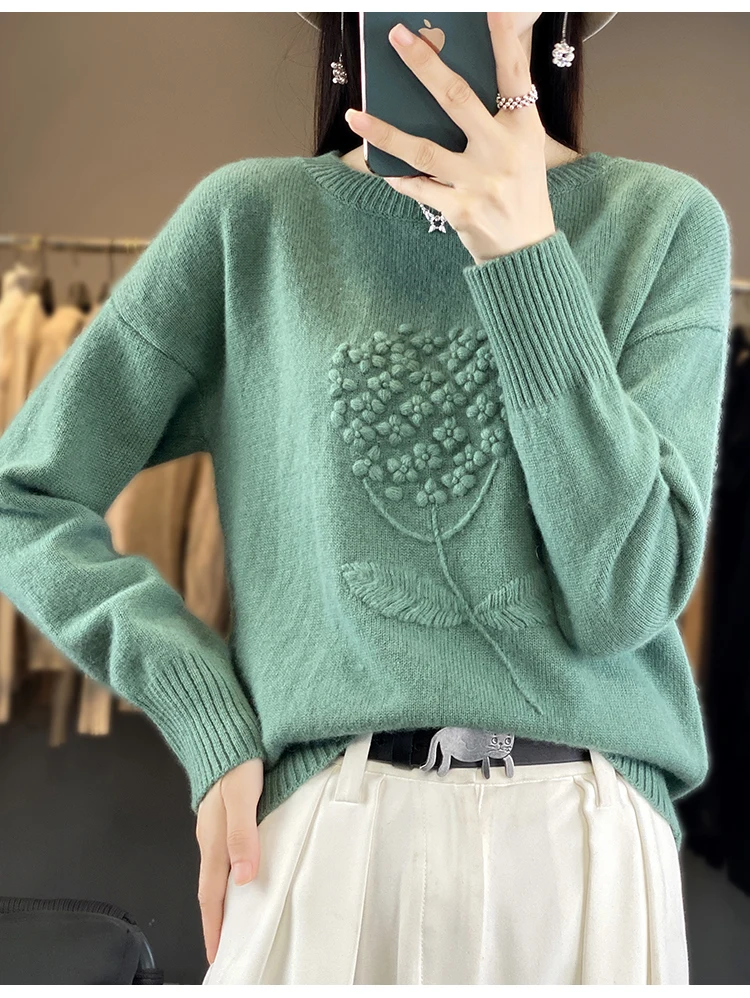 Chic Women's Pullovers O-Neck Twist Flower 100% Merino Wool Basic Soft Warm Casual Loose Mori Girl Style Clothing Tops