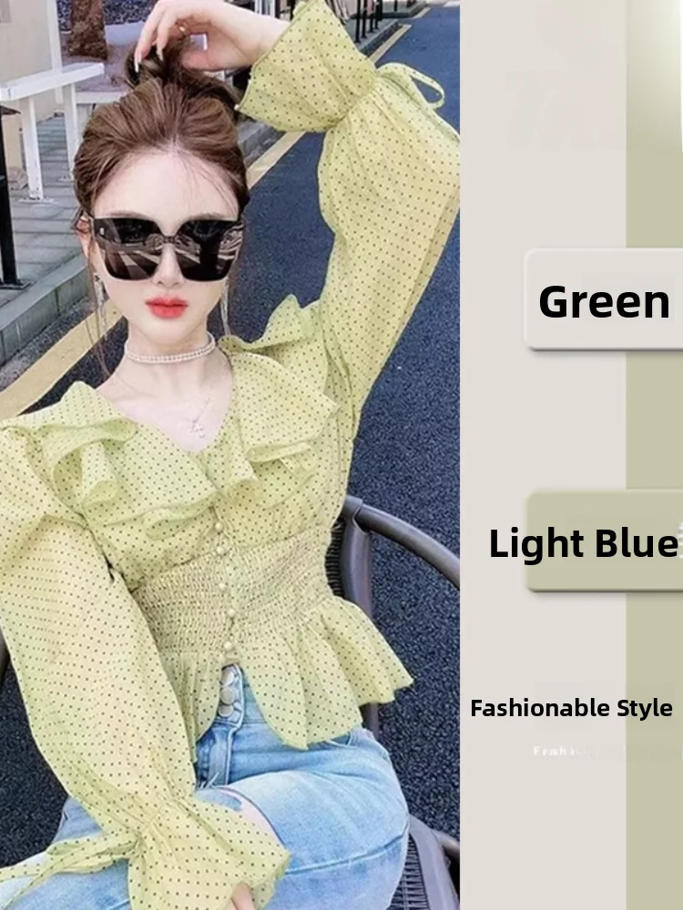 

Green Polka Dot Chiffon Shirt Women's Sleeveless Slim Fit Long Sleeve Beautiful Top Korean Style Commute Fashion Spring Summer