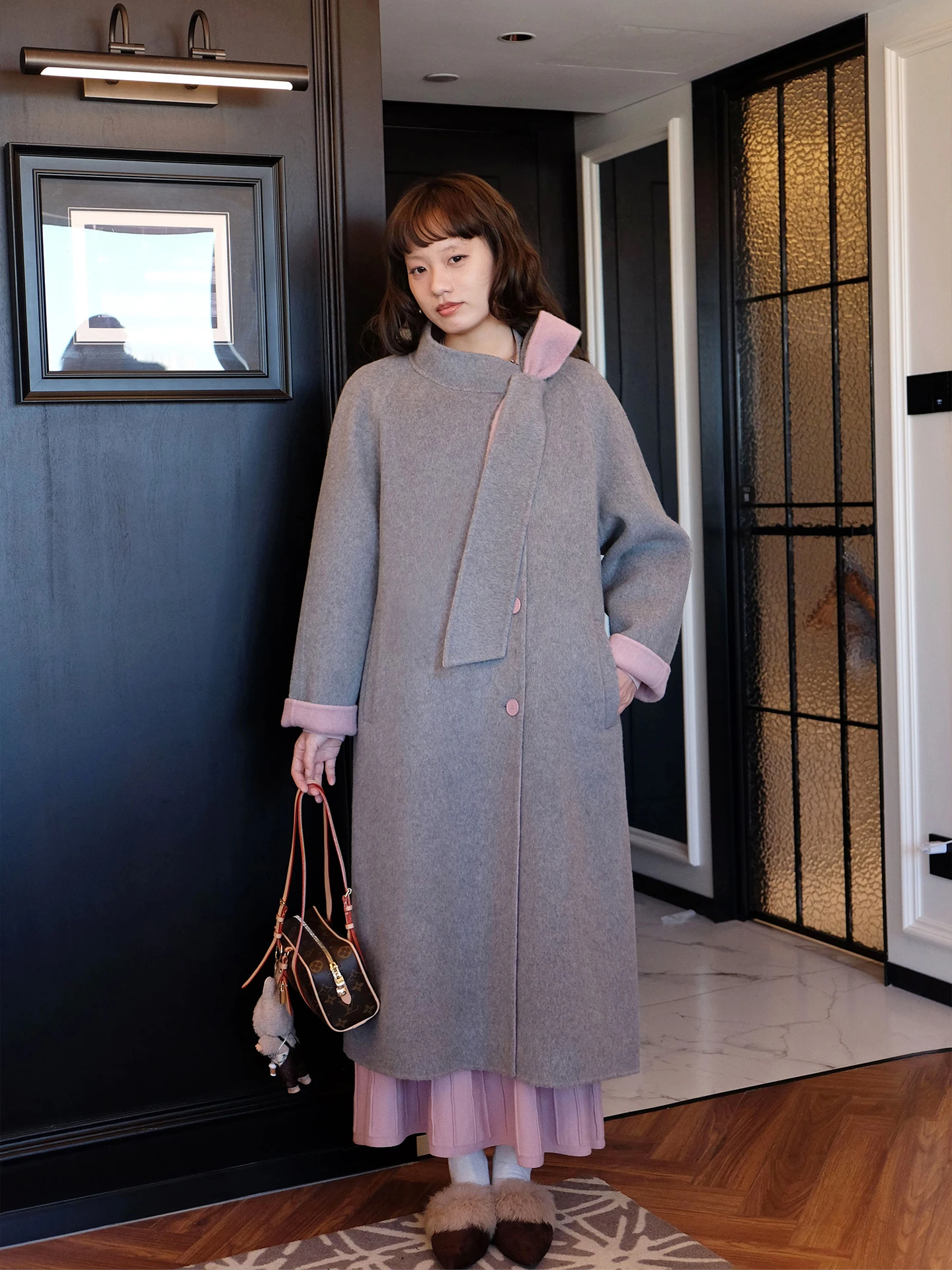 

Double-Sided Woolen ey Loose Fit Stand Collar Women's Coat Knot Korean Sle Commute Pure Color Long Sve Coat