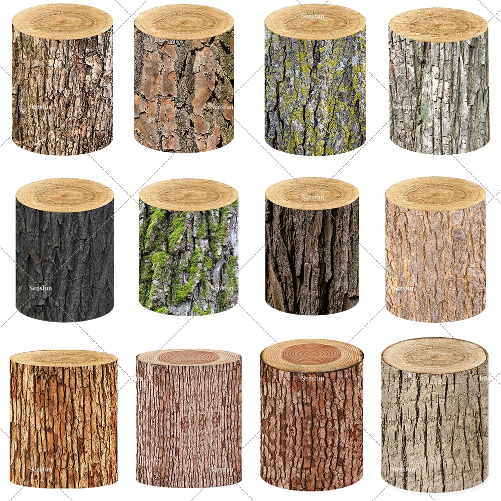 Wood Cylinder Plinth Pedestal Covers for Birthday Party Decoration Wood Stump Texture Cylinder Cover Elastic Cake Table Banner