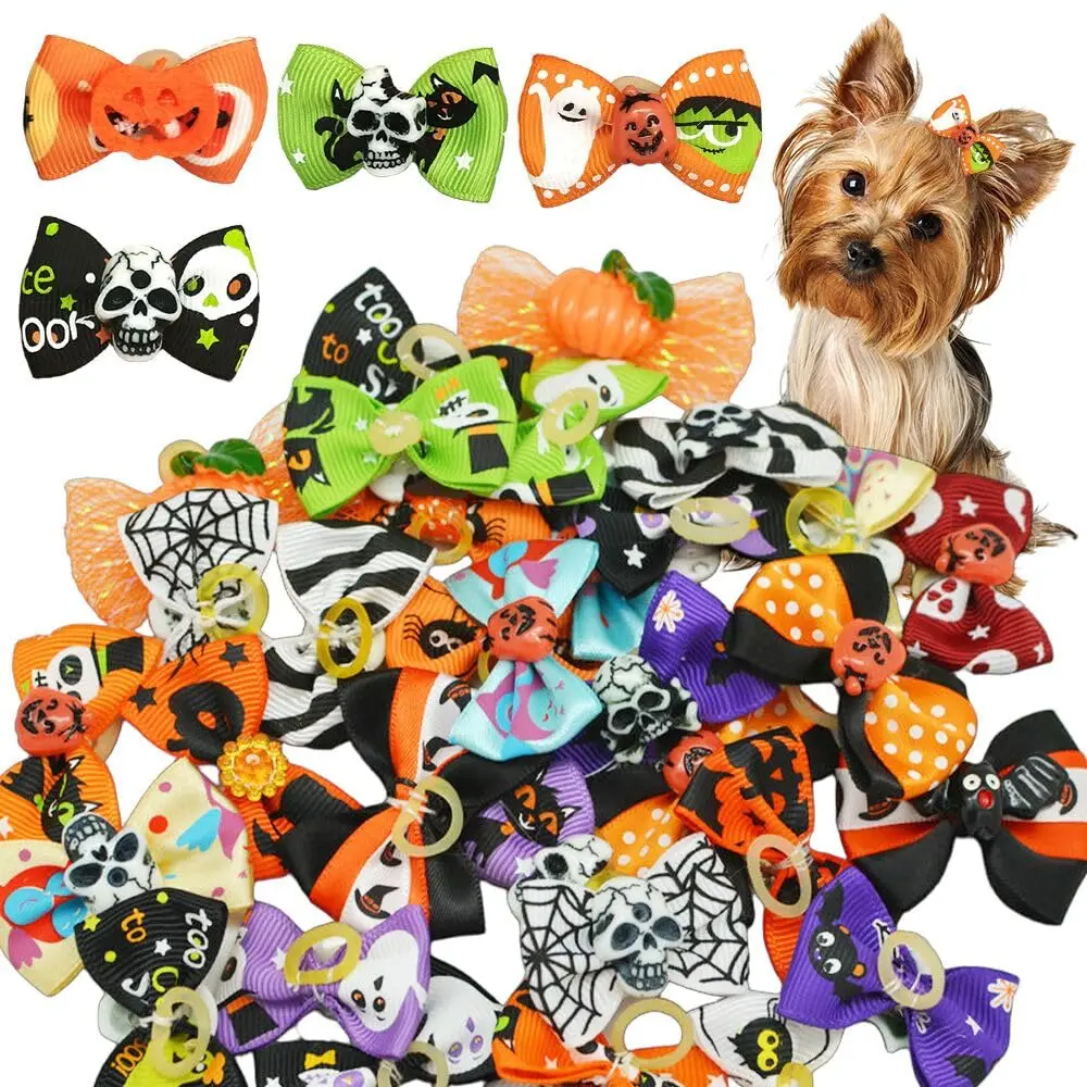 Halloween-Band mit Schleife für Welpen, Yorkie, Hundehaar, mit Gummiband, 40 mm, verschiedene Farben, verschiedene Muster, Haustierpflegeprodukte (Halloween) – Detail 2