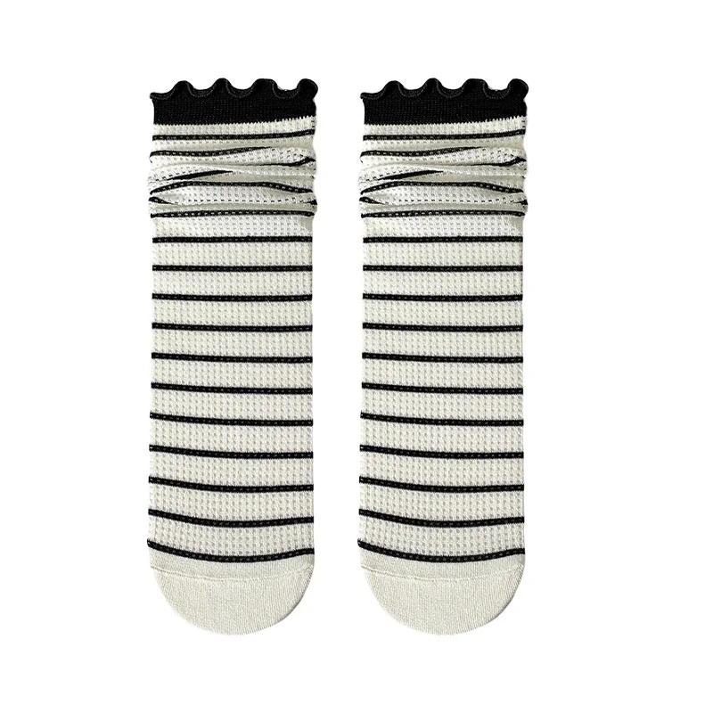 Women Cotton Socks Breathable Mesh Black White Casual Striped Socks For Woman Spring Summer Thin Cute Simple Frilly Ruffle Socks