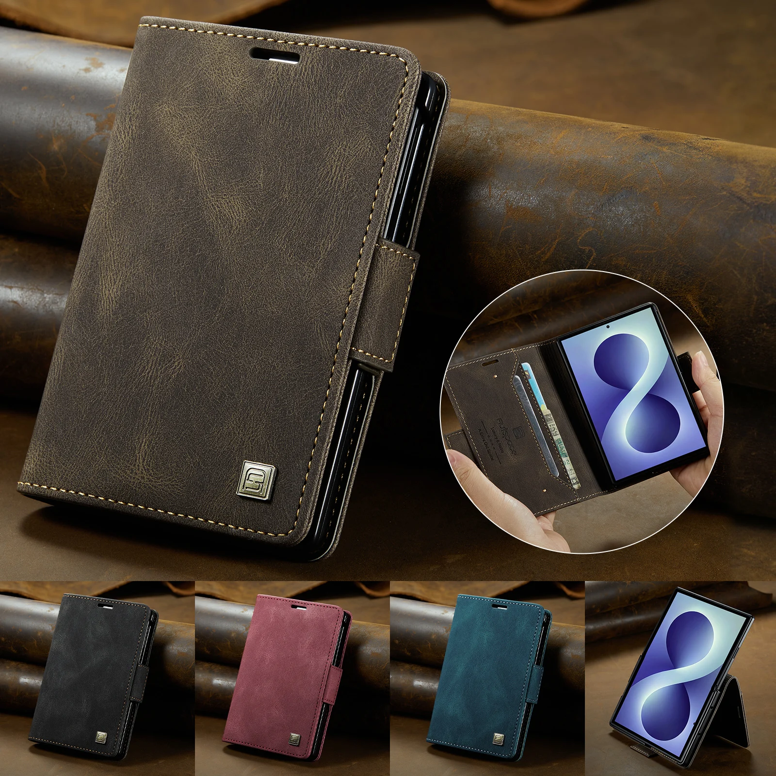 For Samsung Galaxy Z Fold 8 Magnetic Flip Wallet Phone Case, Retro PU Leather Cover With Card Slots Kickstand Shell Skin