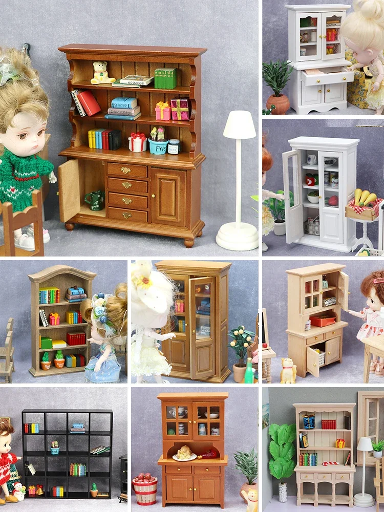 1/12 Scale Miniature Wooden Shelves Bookcase Storage Classical Wardrobe Mini Cabinet Bedroom Furniture Kits for Dollhouse