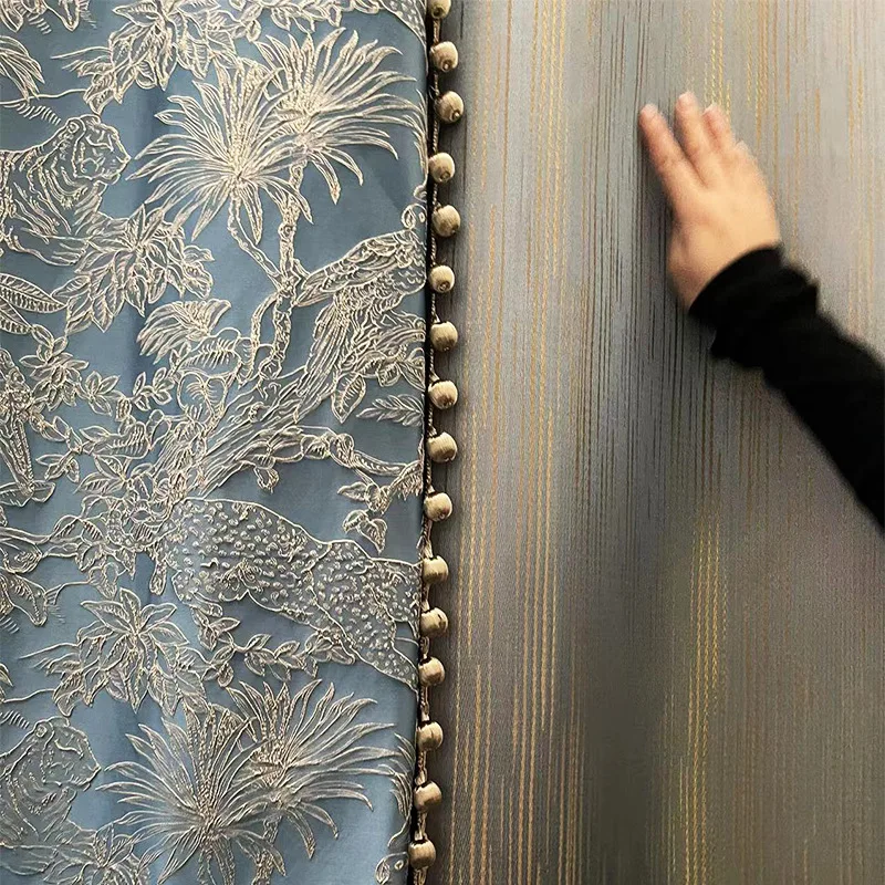 Blue Gray Gilded Relief Jacquard Patchwork with Thickened Curtains for Living Room Bedroom Study Magazine Design Curtains Lace