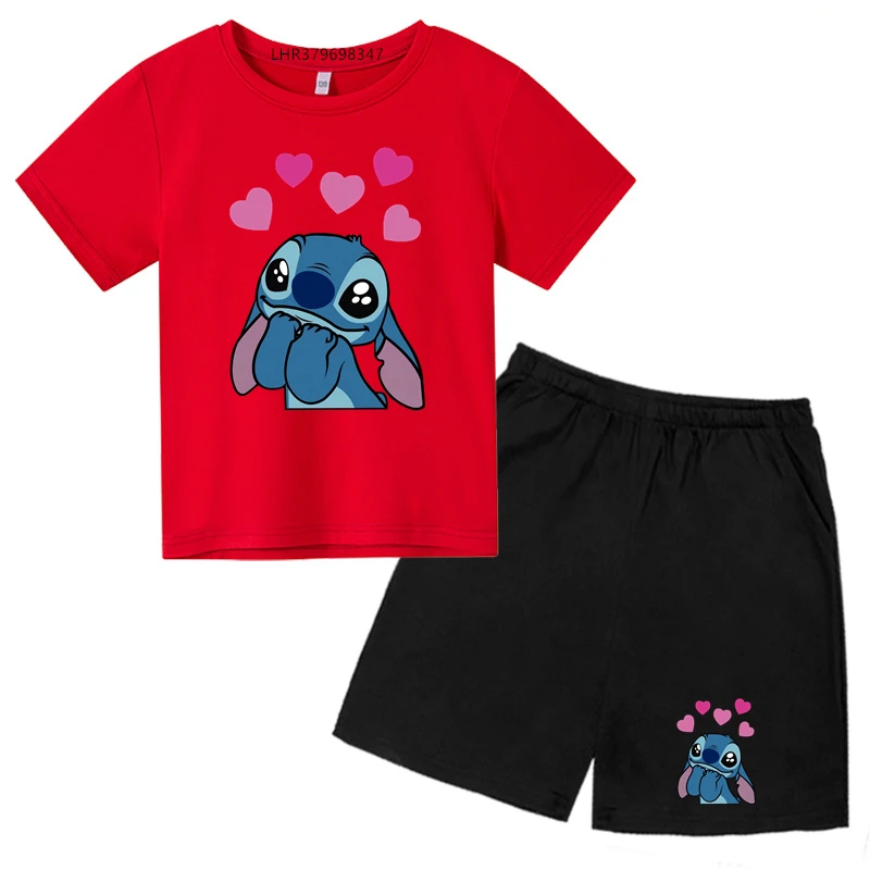 Anime Print Stitch Children Round Neck T-shirts+ Shorts Sets Suitability 2-12 Years Boys Girl Tshirts Casual Summer Short Sleeve