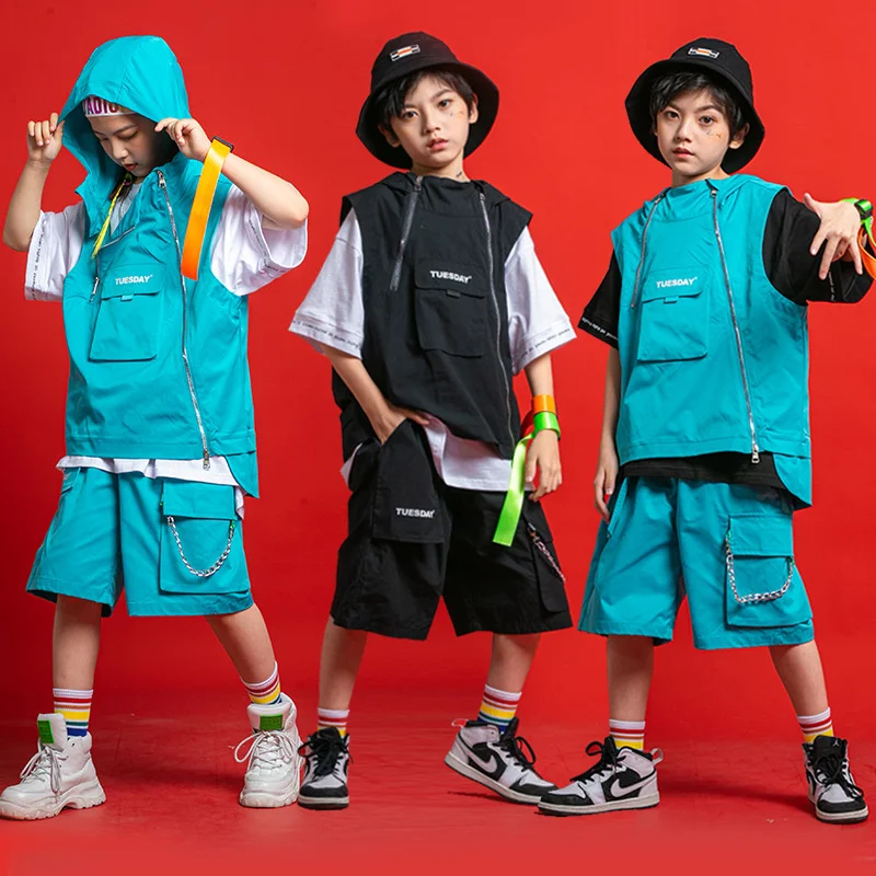 Children's hip-hop trendy clothes, boys' hip-hop style three piece children's dance performance clothes, girls' T-stage runway