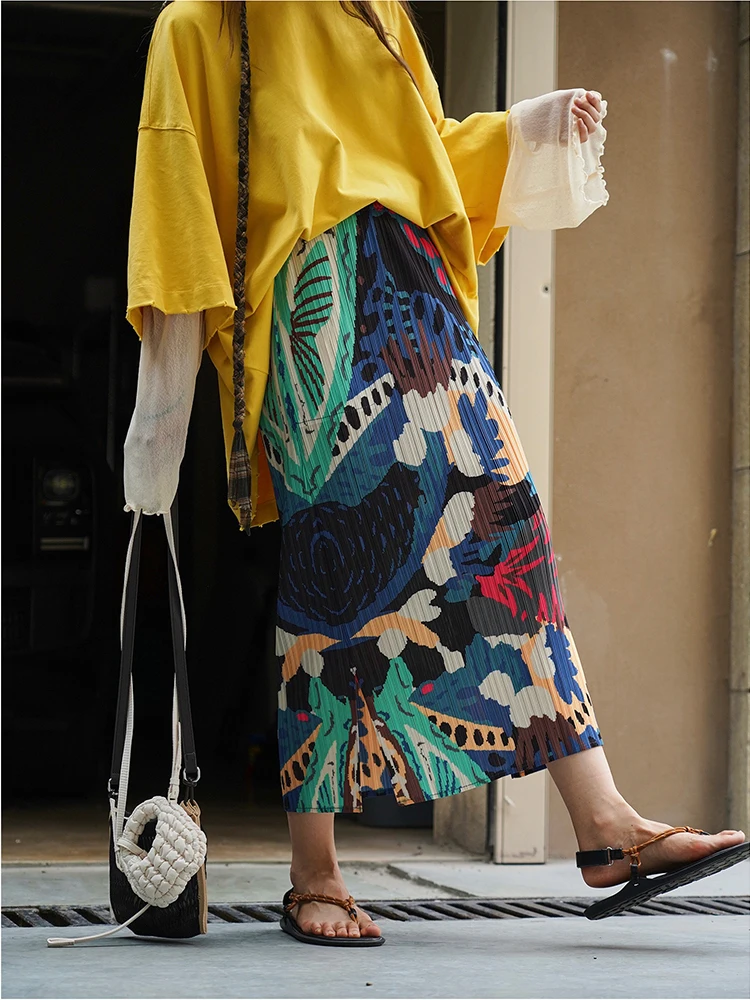 FANAN mode imprimé contraste couleur jupes femmes élastique taille haute a-ligne mi-longue bureau dame jupe femme 2025 été nouveau