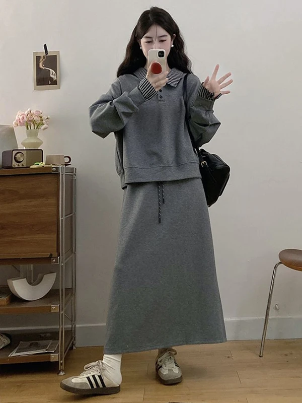 

Комплект из свитшота большого размера и юбки с высокой талией для женщин, осенний повседневный наряд с длинными рукавами