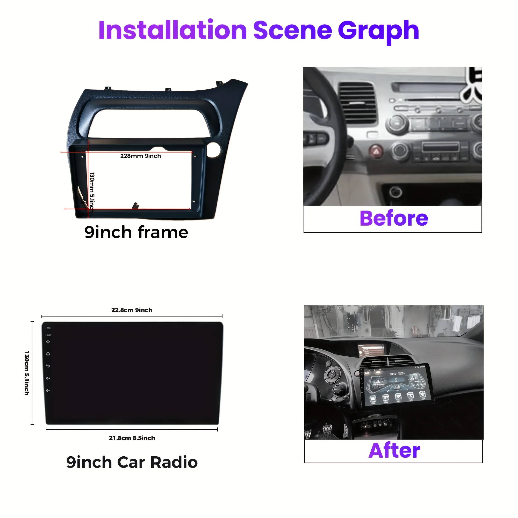 9 inch Frame 2 Din Car Radio Fascia for Honda  Civic Hatchback 2006-2011 Auto Audio Dash Kit Installation Frame Trim