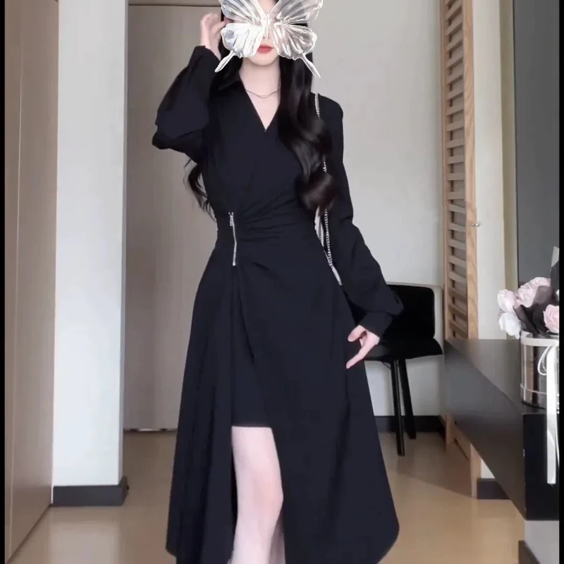 

Shirt Pleated Asymmetrical Zipper Dress Solid Color Simplicity New Slim Long Sleeve Turn-down Collar Elegant Slit Elegant Dress