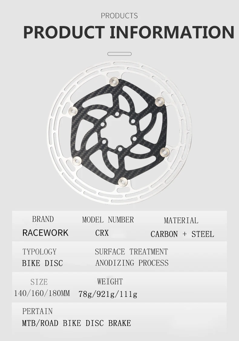 RACEWORK Carbon Faser Fahrrad Bremsscheibe MTB Rennrad Ultraleicht 6 Schrauben Schwimmenden Rotor 140mm 160mm 180mm Bremsscheibe – Detail 2
