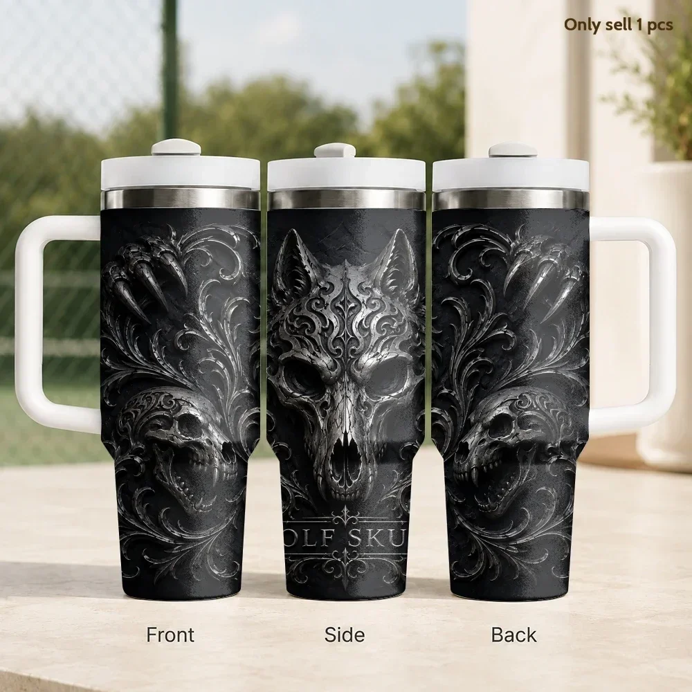 Cool Terrifying Silver Skull Vacuum Flasks 40oz Stainless Steel Insulated Tumbler With Handle & Straw Leakproof Travel Mug