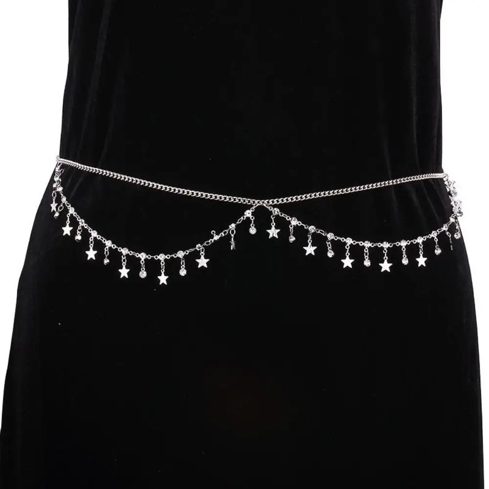Star Glitter Tassel Boho Waist Chain Shiny Rhinestone Multi Layer Chain Waistband Beach Body Jewelry Body Belt Summer Beach
