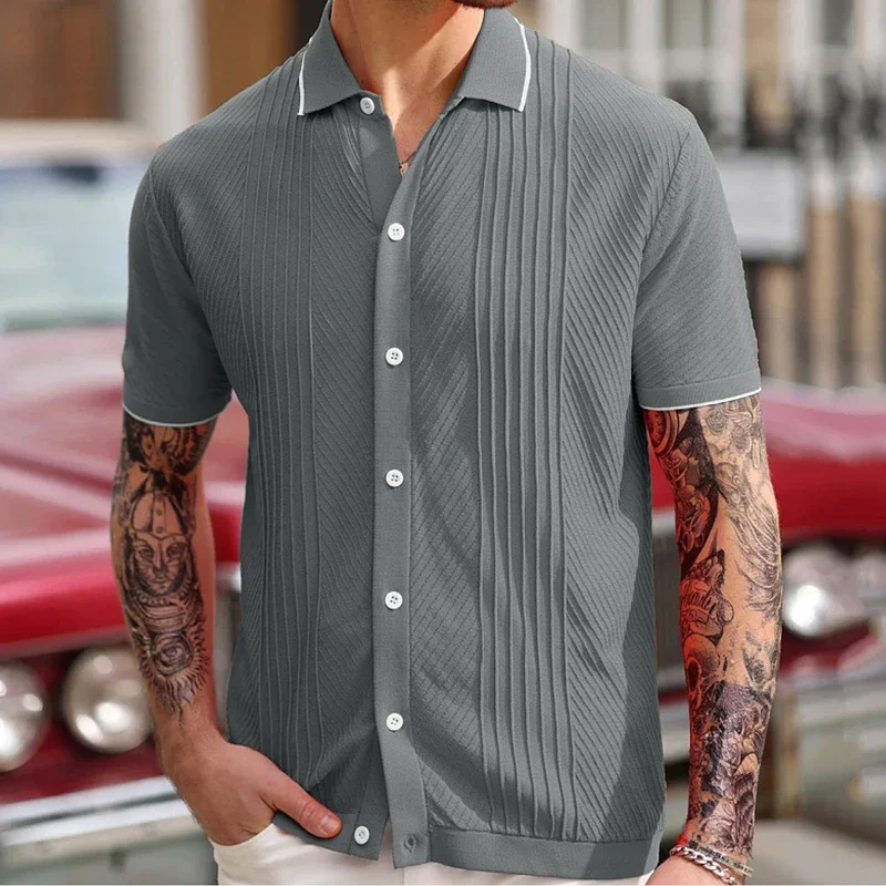 

Summer Men's Luxury Knitted Solid Color Shirt Fashion Short Sleeve Button-down Shirts for Men Vintage Business Leisure Knitwear
