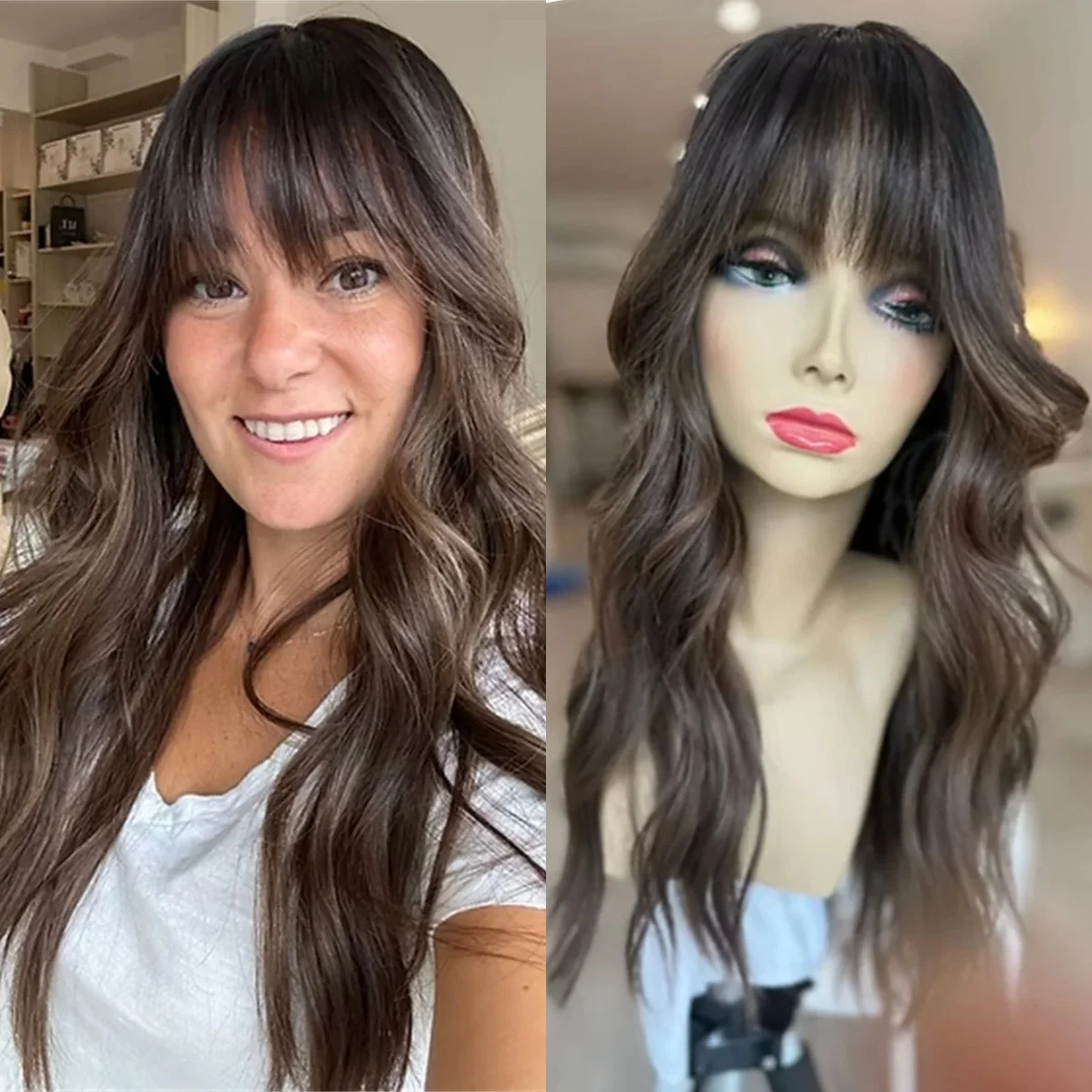 Peruca Marrom com Mechas, Ondulada, com Franja, Peruca Frontal de Renda HD 13x4 Pré-Pronta, Fibra de Alta Qualidade Resistente ao Calor