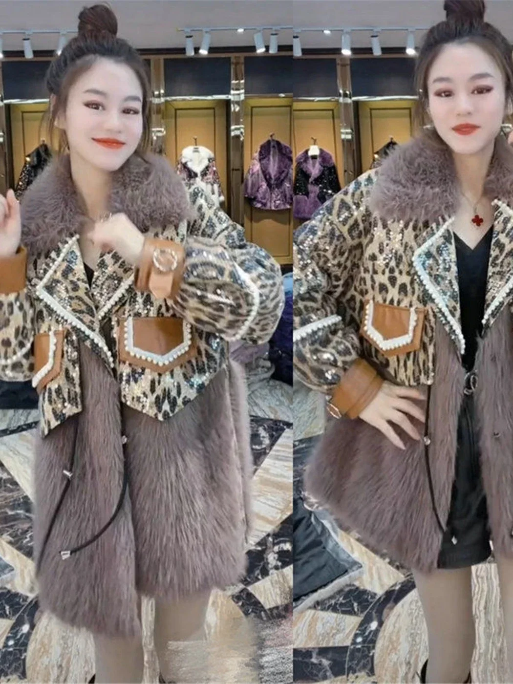 High-End Fox Fur Faux Fur Coat Women\'s Heavy Sequin Stitching Mid-Length Fur Jacket Overcoat 2022 Winter New Plush Furry Coats