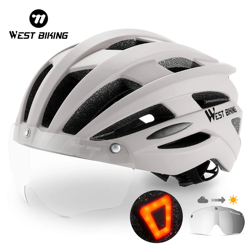 WEST BIKING Photochromic Goggles Helmet Men Women Magnetic Lens Bicycle Helmet Safety Cap MTB Road Bike Scooter Cycling Helmet