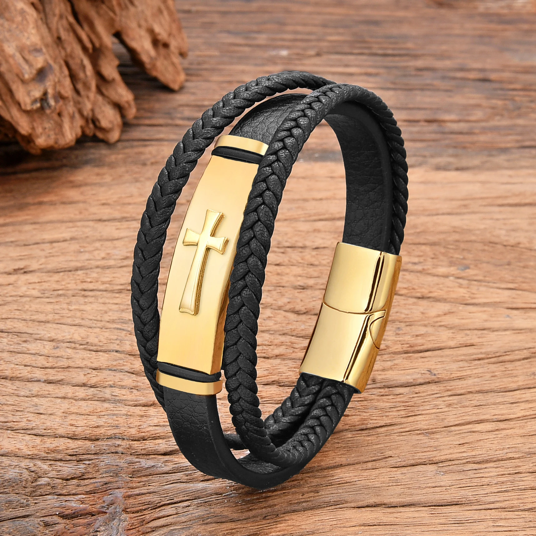 Schwarzes, vergoldetes Kreuzarmband aus Edelstahl für Herren, Schmuckaccessoire mit geflochtenem Lederarmband, Punk-Armbänder, hohe Qualität. – Detail 9