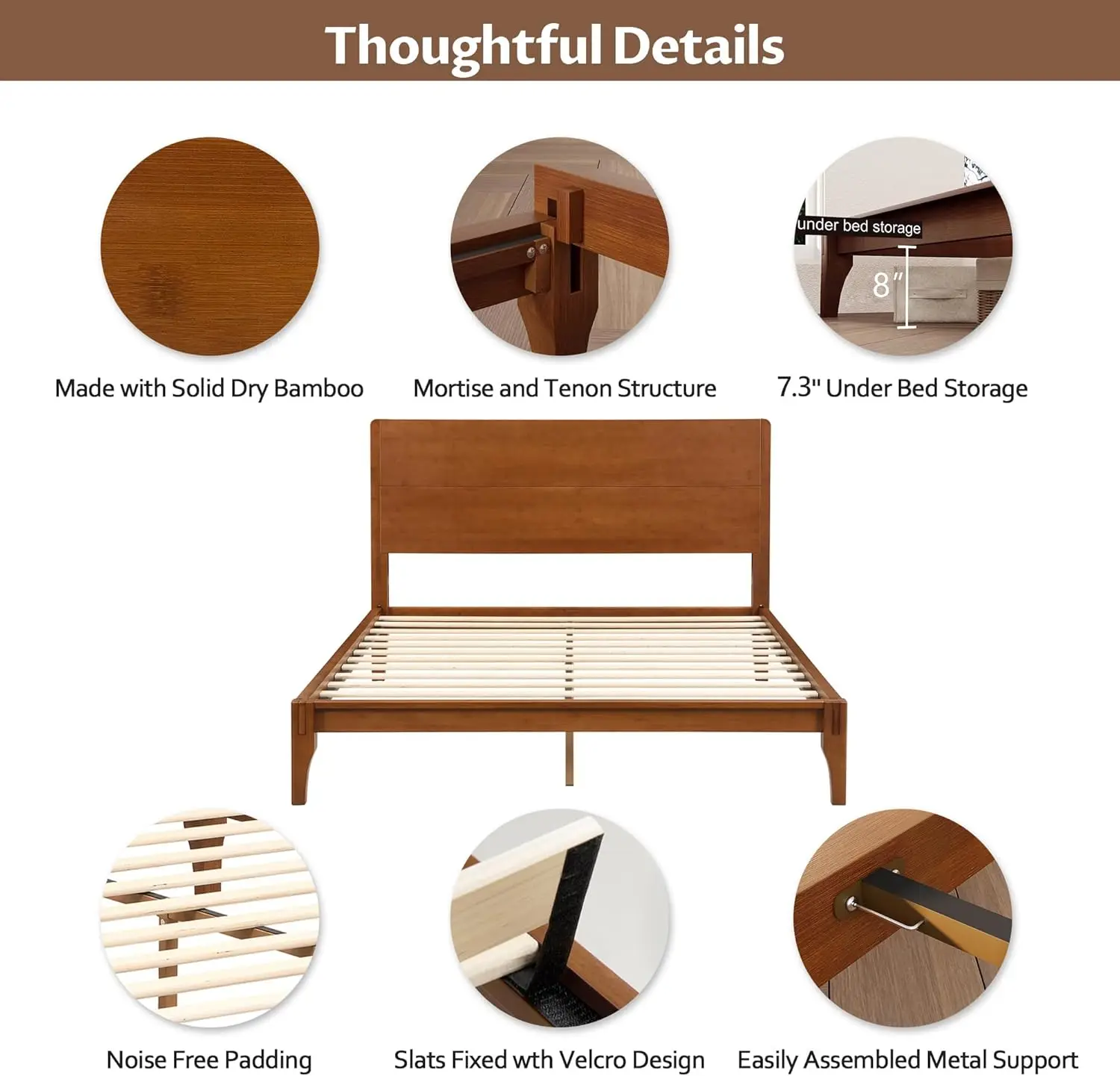 

King Size Bamboo Platform Bed, Mid-Century Modern Bed Frame with Tall Headboard, Solid Sustainable Bedframe King-Size, Woo