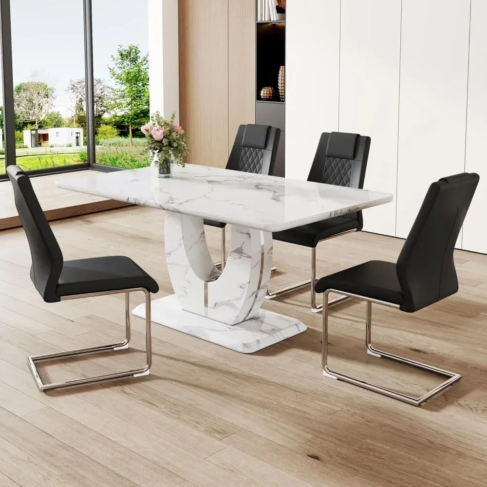 Modern Dining Table Set for 4,Rectangula Kitchen Table Set with Faux Marble Tabletop＆4 Pu Leather Upholstered Chairs Ideal