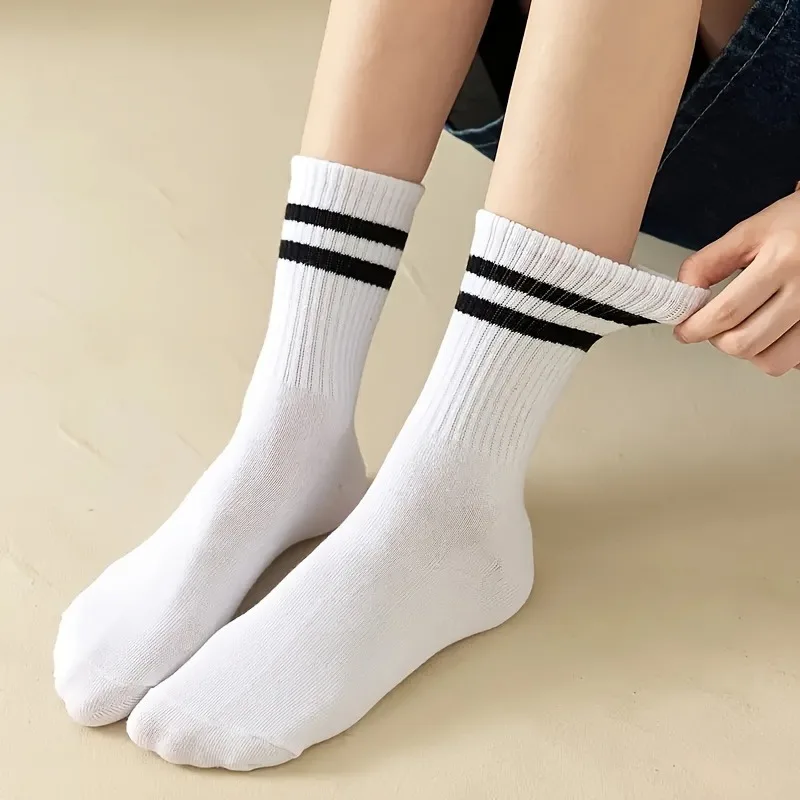 3 Pairs Striped Women's Knee-High Socks - Breathable Polyester, Casual Style, Hand/Washable, Black/White/Gray