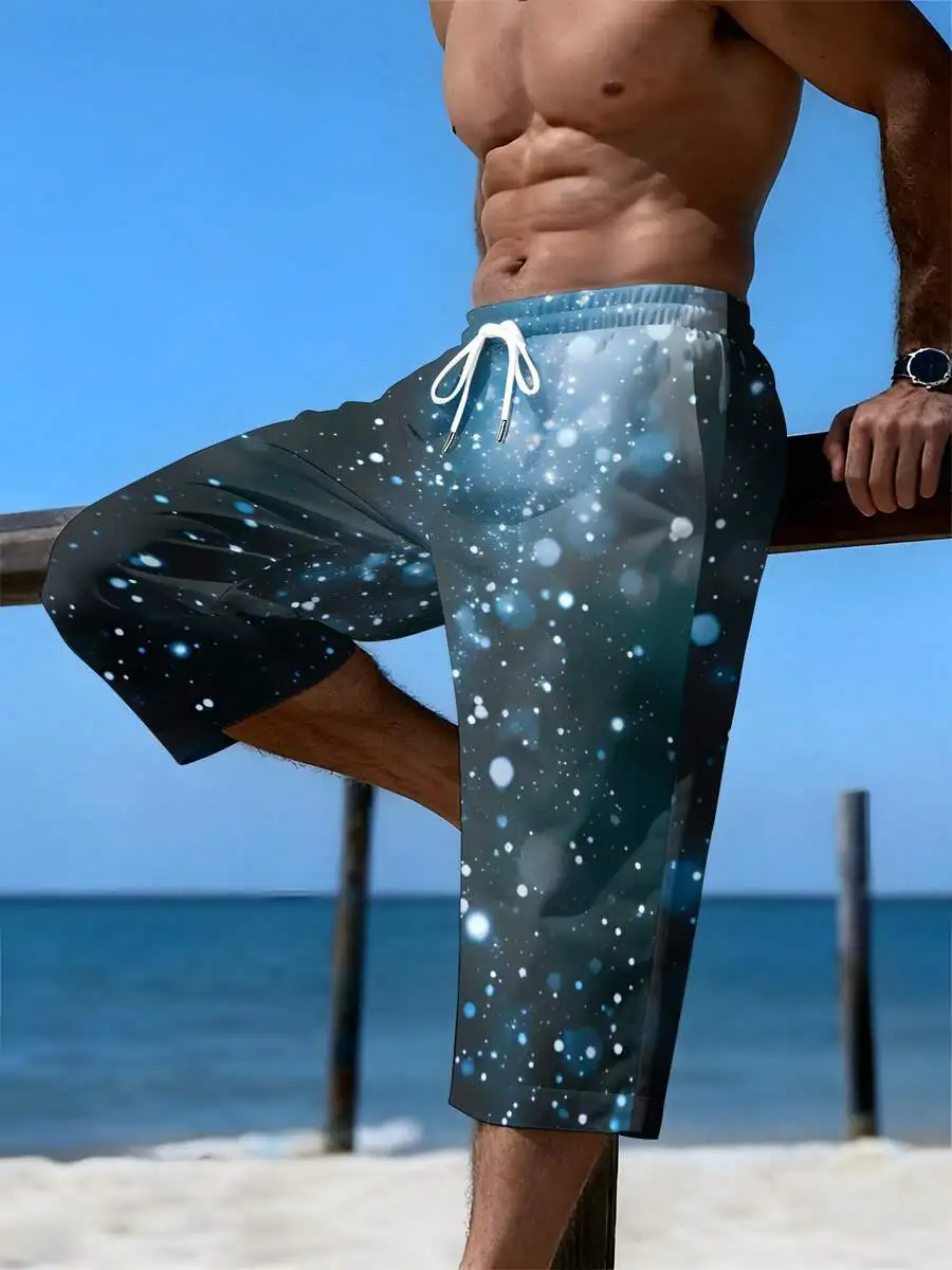 

Mens Calf-Length Pants Dark Green Blue White Starlight Bokeh Print Woven Drawstring Casual Beach Vacation