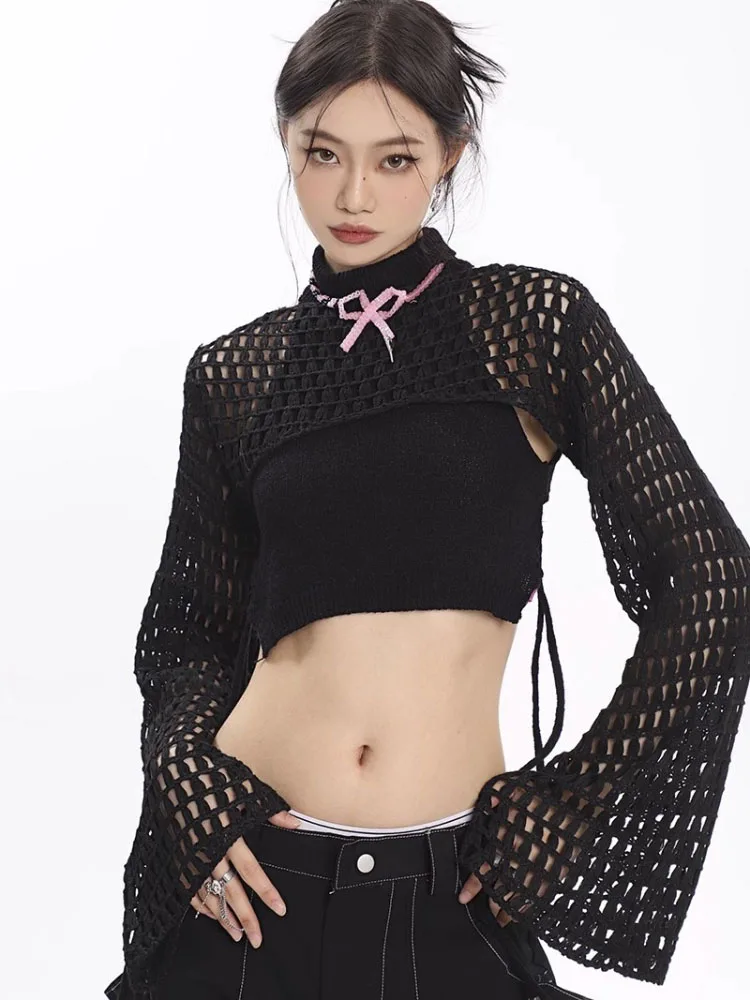 

2023 Y2k Crochet Knit Hollow Out Tops Vintage Mesh Top Grunge Clothes 2000s Aesthetic Mesh Sweatshirt Crop Top for Women