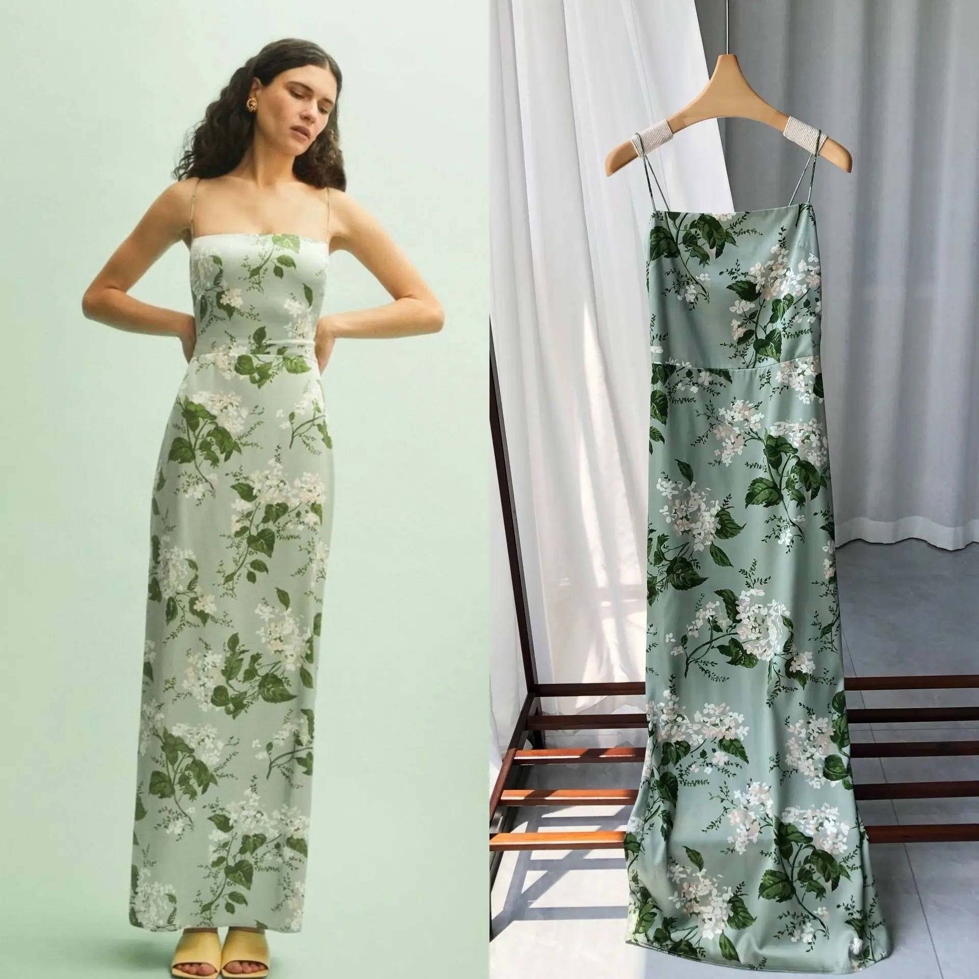 Mint Green Printed Womens Elegant Silk Half Skirt Office Lady Streetwear Cami Top 100% Mulberry Silk Spaghetti Strap Maxi Dress