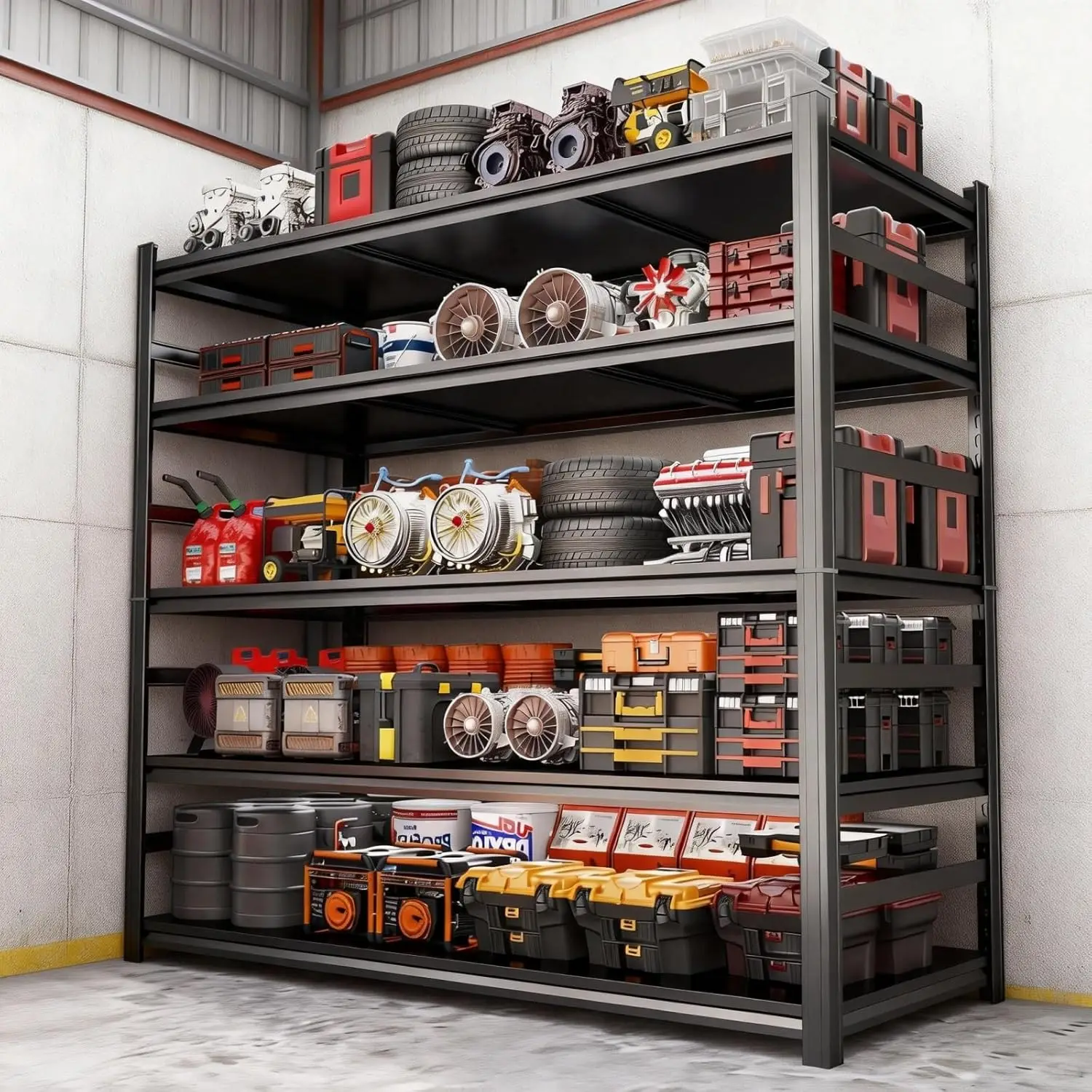 

Стеллажи для гаража усиленной конструкции, 72 дюйма (183 см) в высоту x 48 дюймов (122 см) в ширину, 5-ярусные, металлические, грузоподъемность 3000 фунтов (1360 кг), двухслойные колонны, на заказ.