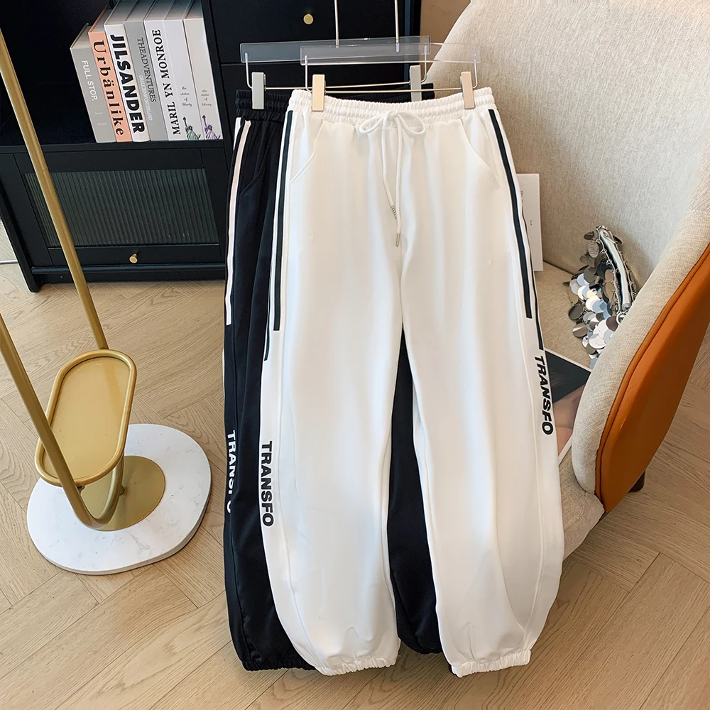 

Spring and Autumn New Plus Size Women's Black Loose Casual Nine Minute Pants Daily Sports White Drawstring Pants 2024 big