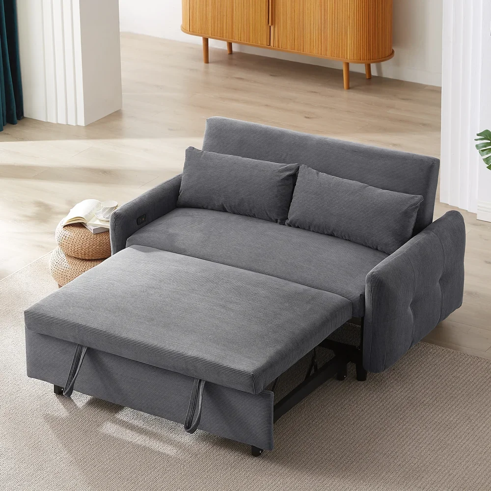 

57.48" Pull-out Sofa Bed Convertible Couch 2 Seat Loveseat Sofa Modern Sleeper Sofa with Two Throw Pillows and USB Ports for Liv