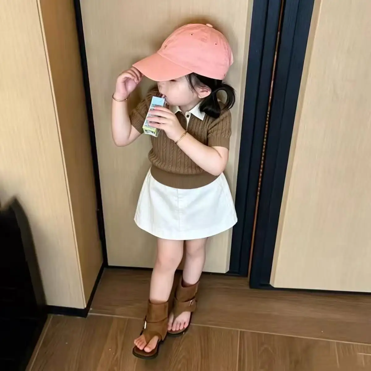 Girls Summer Outfit 2026 New Vintage Twisted Color Polo Neck Short Sleeve Knitted Top plus White Half Skirt 2-Piece Set