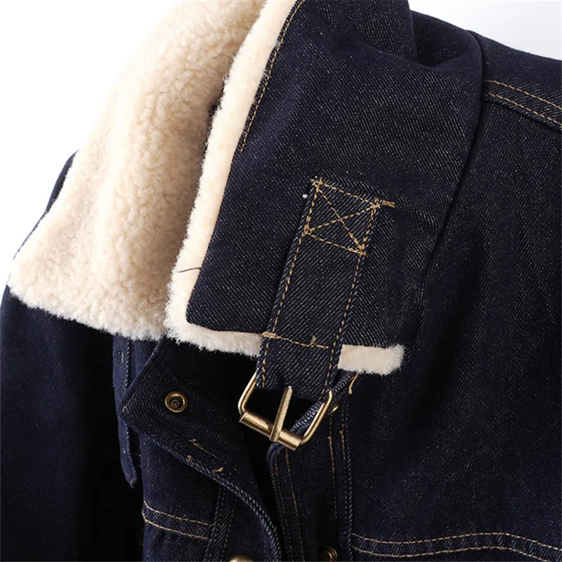 Winter New Women Dark Blue Short Denim Jacket Faux Lambswool Lapel Warm Down Liner Cowboy Outerwear Female Casual Chaqueta Mujer