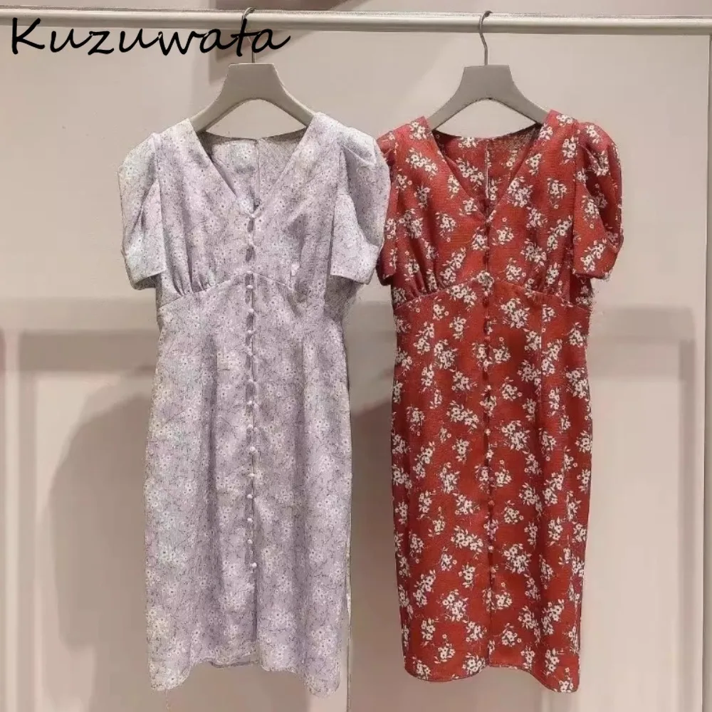 

Kuzuwata Cute Celebrity V Neck Temperament Robe Puff Sleeve Print French Style Gentle Mujer Japan Bodycon New Literary Dresses