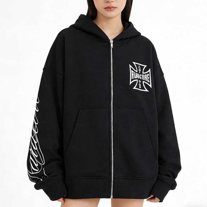 

Эстетичная винтажная повседневная толстовка в стиле хип-хоп с длинным рукавом, молнией и принтом в виде готических букв и флага