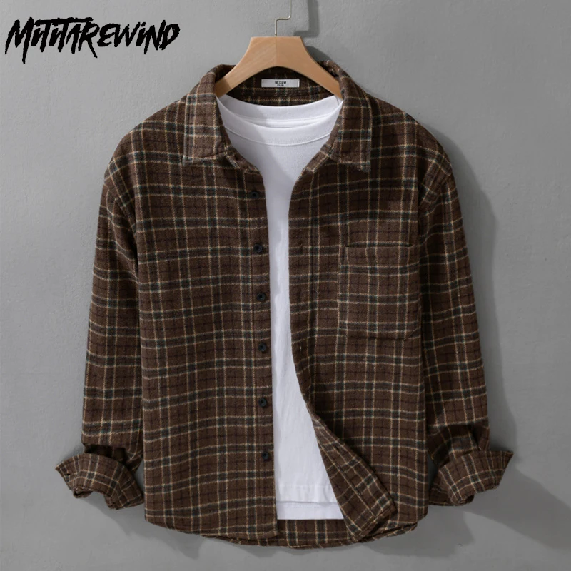 

Новая осенне-зимняя рубашка, мужская японская винтажная клетчатая рубашка, повседневная рубашка с лацканами и длинными рукавами, матовая рубашка с карманами, повседневная мужская одежда