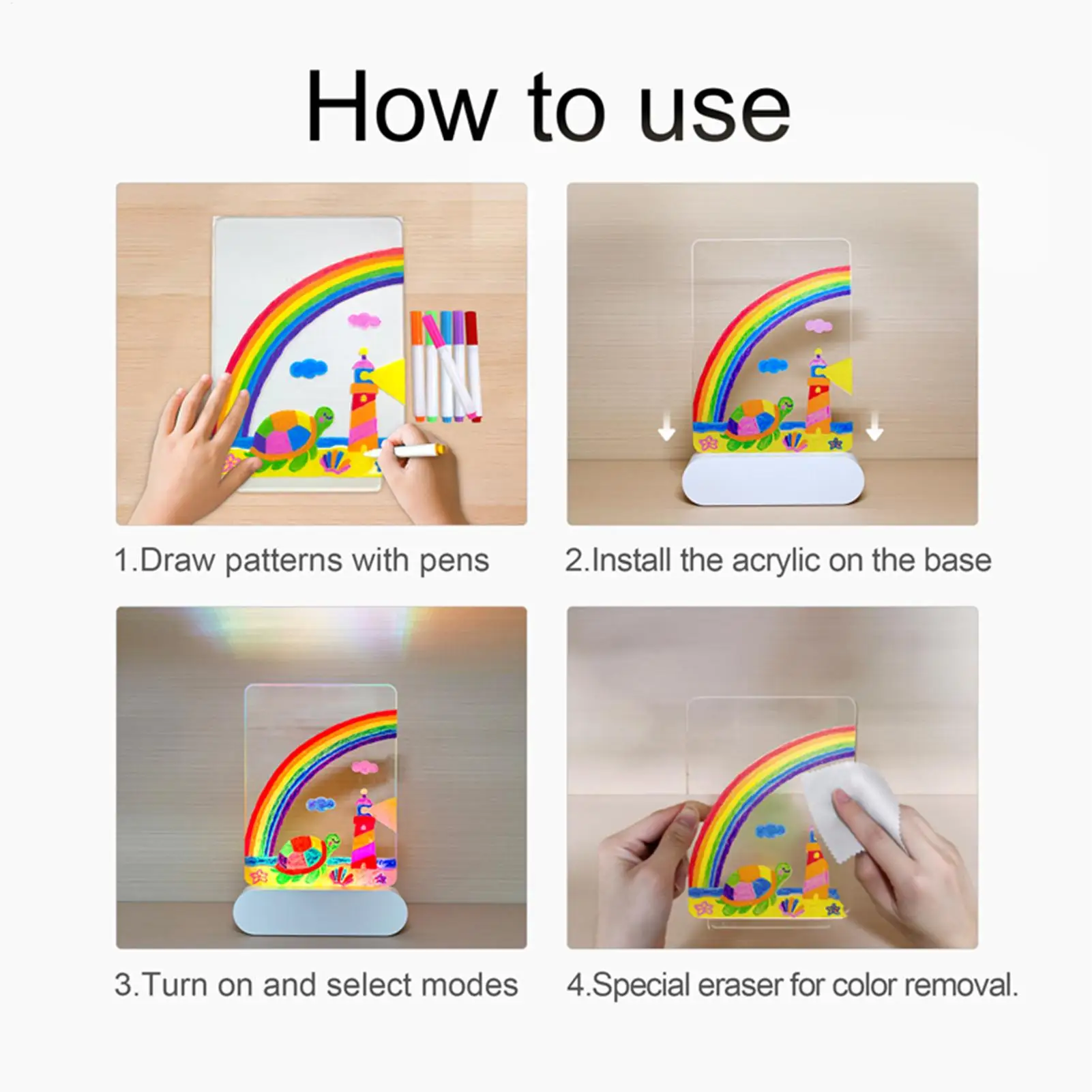 Tablica LED do rysowania 3D, 4 kolory światła, ładowalna, zabawka wielokrotnego użytku, akrylowa tablica do rysowania dla chłopców, dziewcząt, nastolatków, do domu, szkoły, biura.