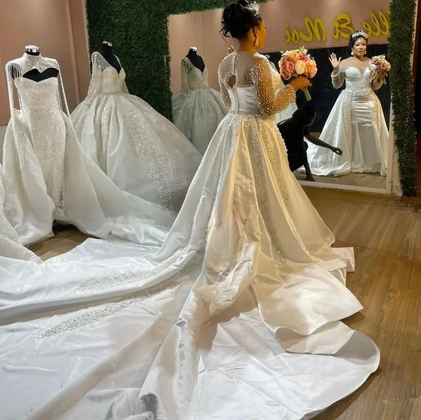 Customized Sheer Neck Sparkly Pearls Beads Wedding Dress with Removable Train  Robe De Mariée Long Sleeves Plus SizeBridal Gown