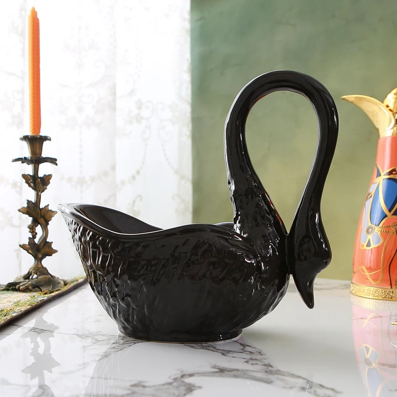 European style craftsmanship, black glaze, solid color ceramic, swan shaped fruit dish, villa, club, inn, creative layout 2