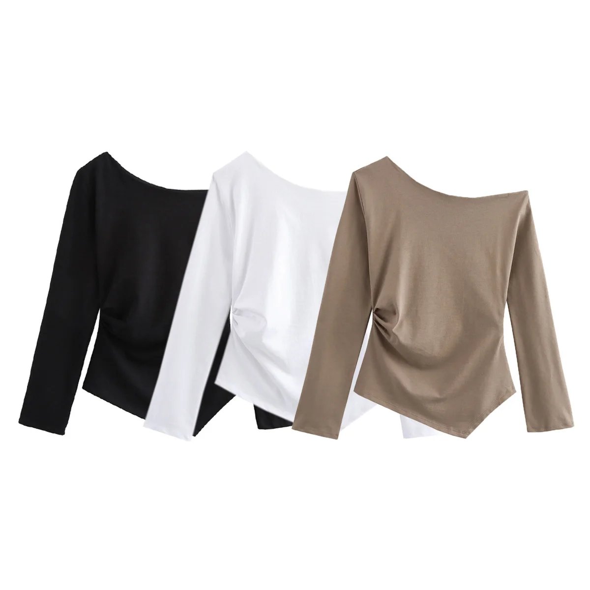 American hot girl pleated slim-fitting oblique shoulder long-sleeved T-shirt for women, new fashion all-match pullover slim-fitt